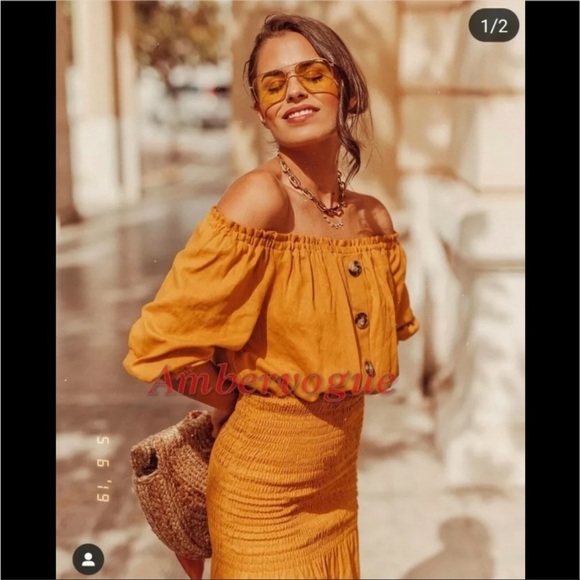 Zara smocked mustard off the shoulder dress NEW - Picture 6 of 12